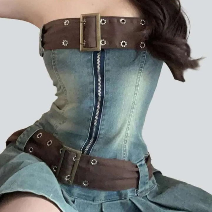 Strapless denim dress with belts