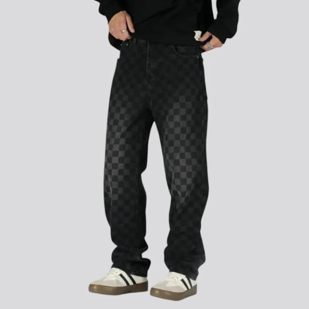 Boho fashion baggy checkerboard men's jeans