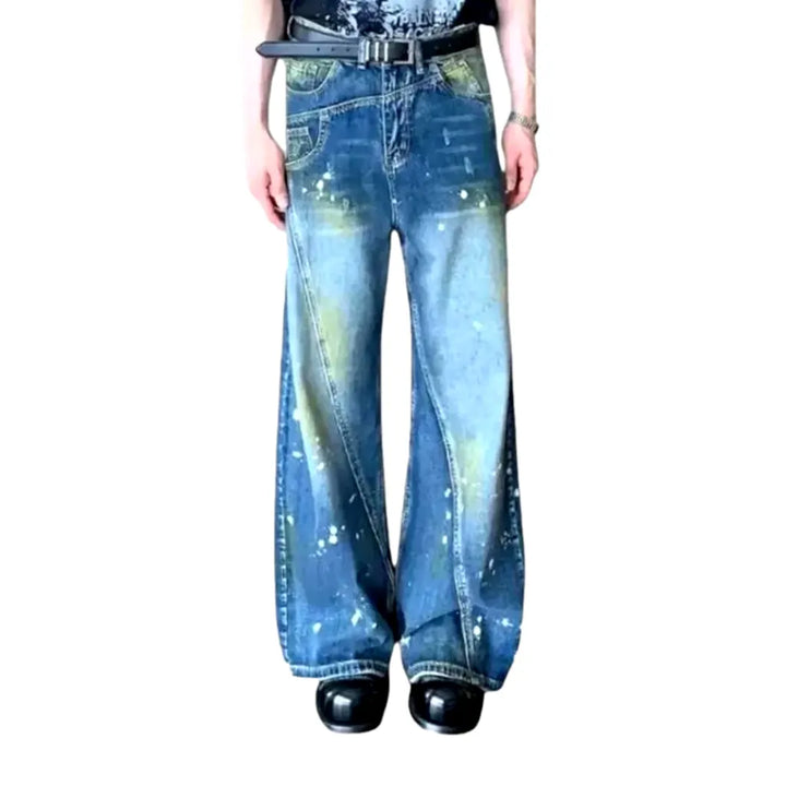 Paint Splattered Sanded Baggy Men's Jeans - Blue