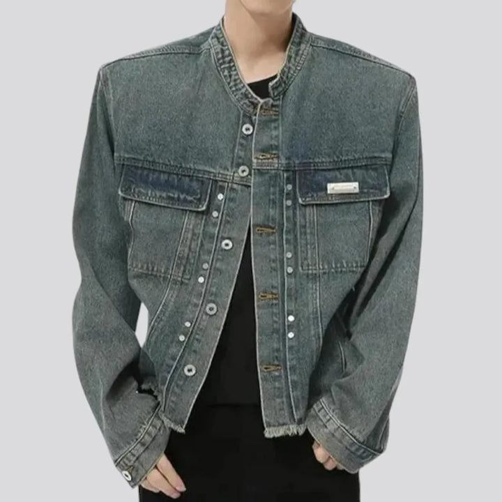 Retro pattern raw hem jeans jacket for men