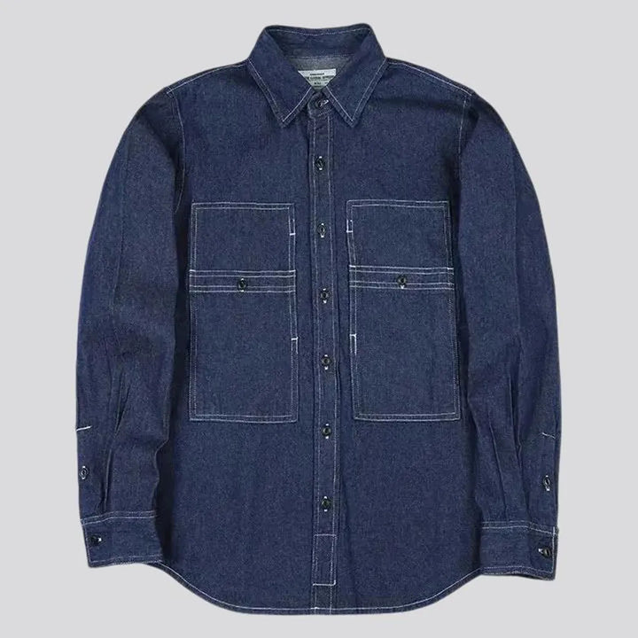 Medium stripes casual worker men's denim shirt