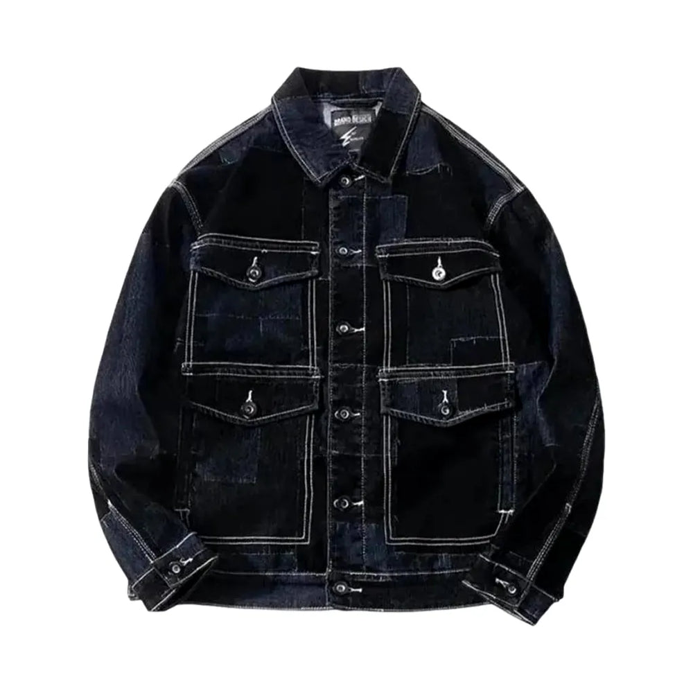 Cargo Pockets Trendy Patchwork Men's Denim Jacket - Black