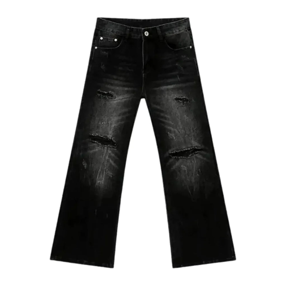 Grunge Sanded Fashion Men's Jeans - Black