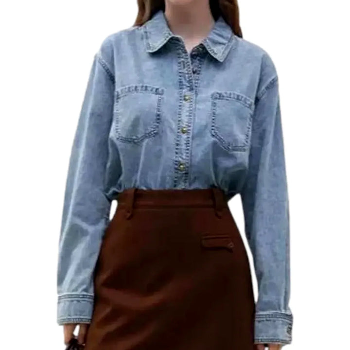 Dark Classic Oversized Denim Shirt for Ladies - Light Blue