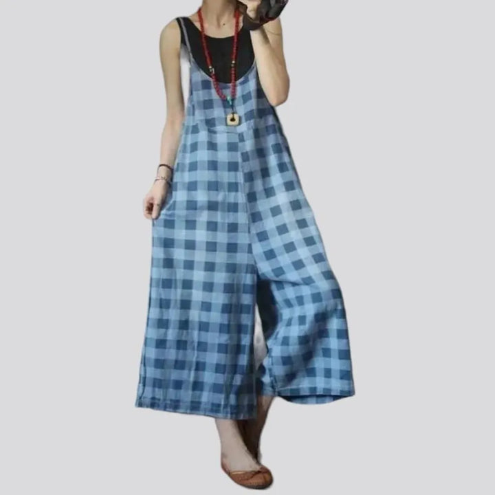 Wide-leg checkered jean jumpsuit