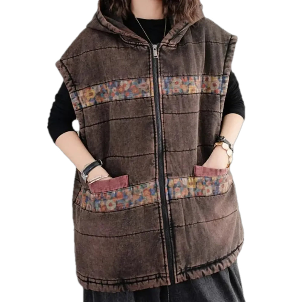 Medium Fit Vintage Patchwork Women's Denim Vest - Brown