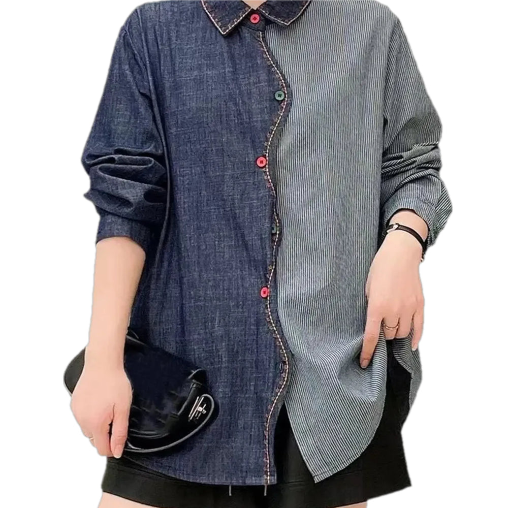 Medium Striped Extra-large Denim Shirt for Women - Blue