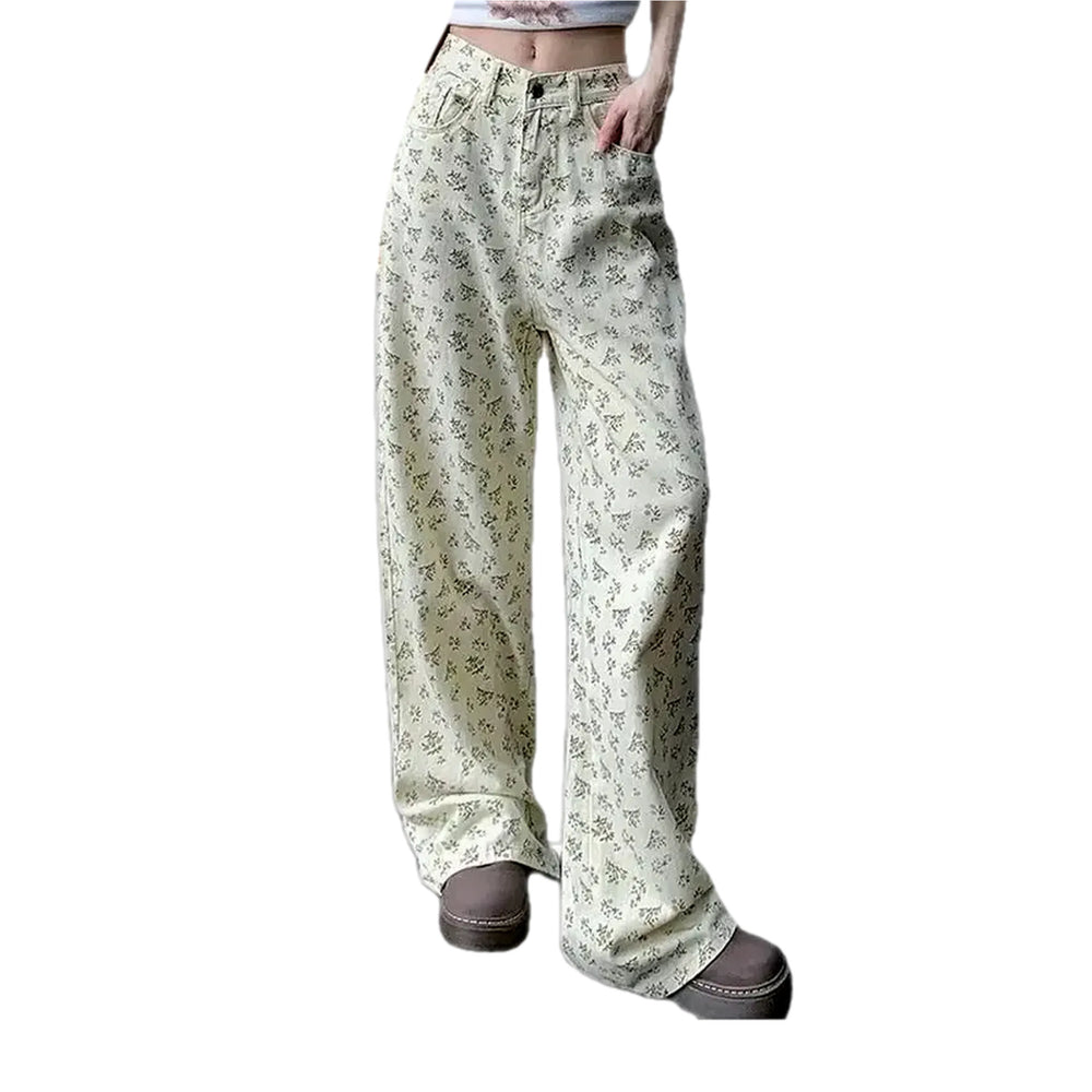 Fashionable Flower Patterned Women's Jeans Pants - Sand