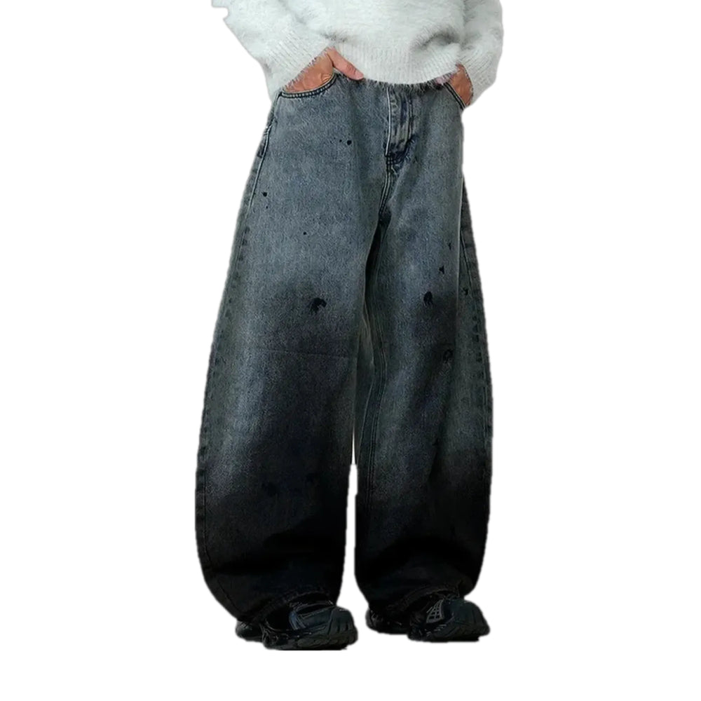 Retro Paint Pattern Baggy Men's Jeans - Grey