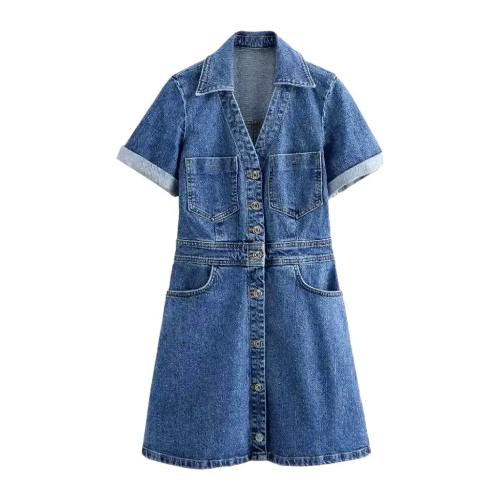 Casual Mini Denim Dress - Blue