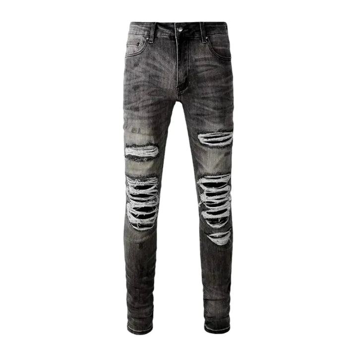 Distressed Skinny Biker Jeans for Men - Grey