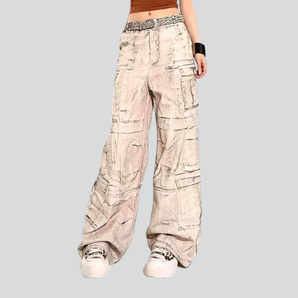 Color mid-waist denim pants
 for ladies