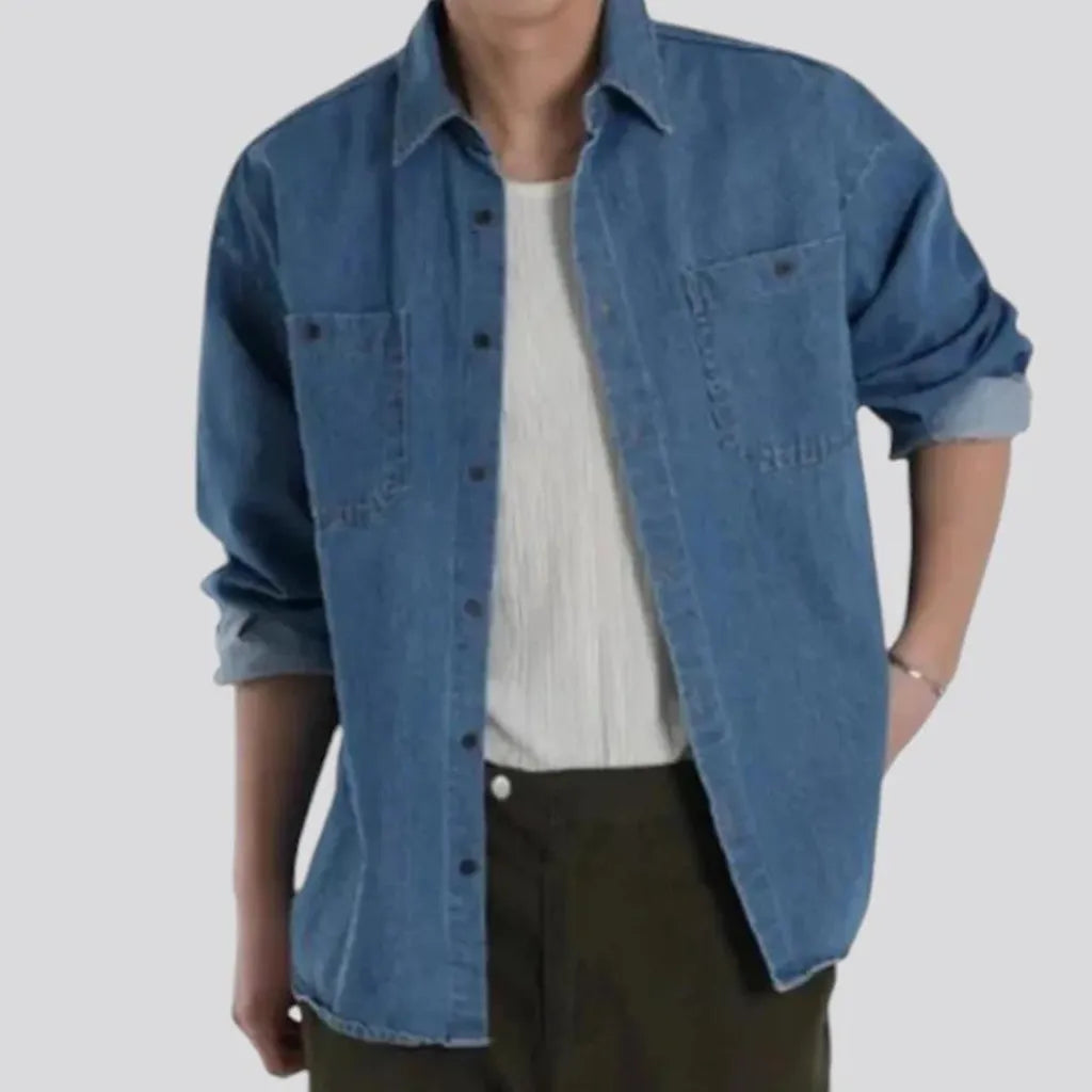 Medium wash chambray men's jean shirt