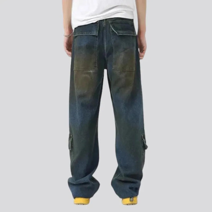 Baggy fit whiskered cargo jeans for men