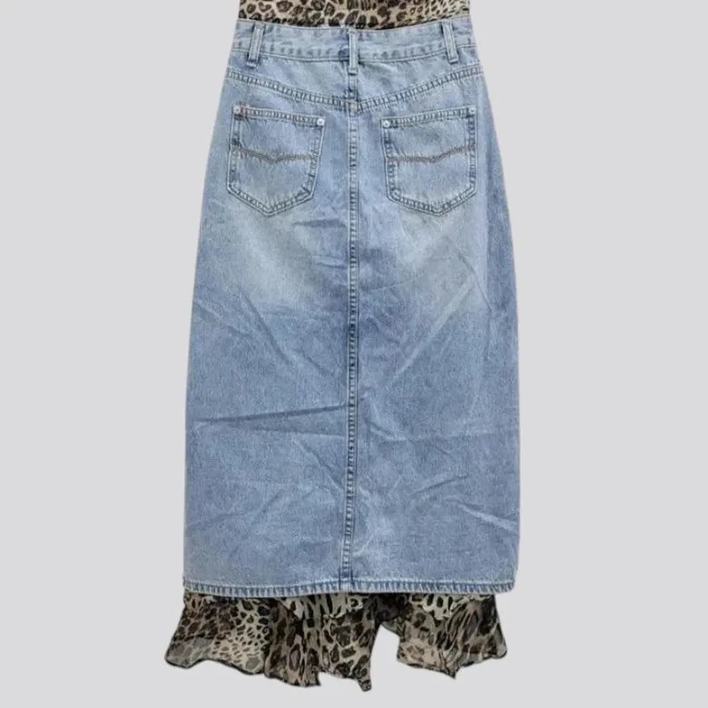 Distressed leopard print denim skirt