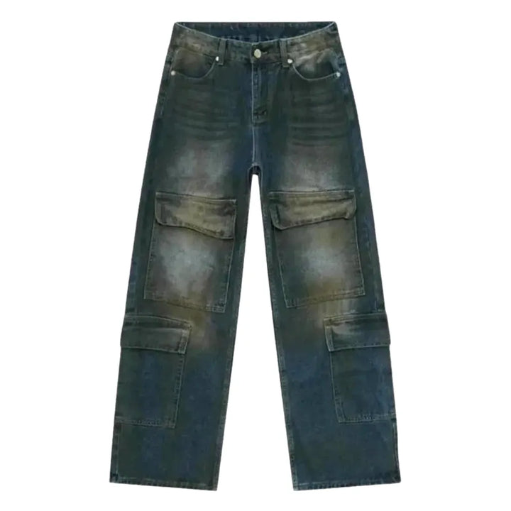 Baggy Fit Whiskered Cargo Jeans for Men - Blue