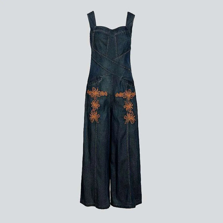 Wide-leg embroidered denim overall