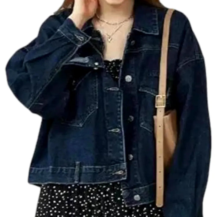 Casual Oversized Women's Denim Jacket - Dark Blue