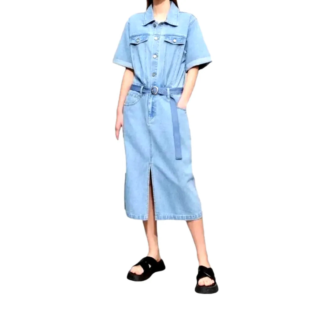 90s Light Wash Denim Dress - Light Blue