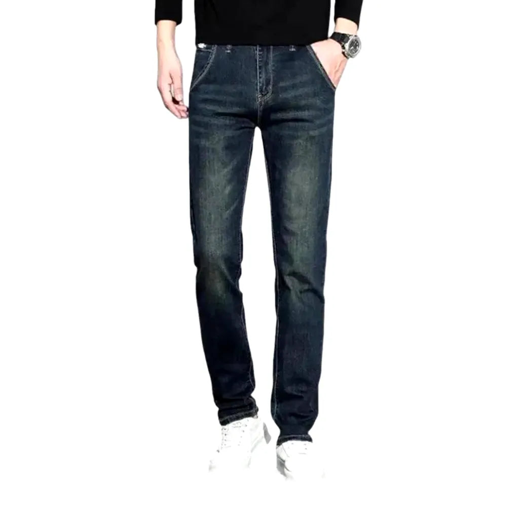 Dark Abraded Slim Fit Men's Jeans - Dark Blue