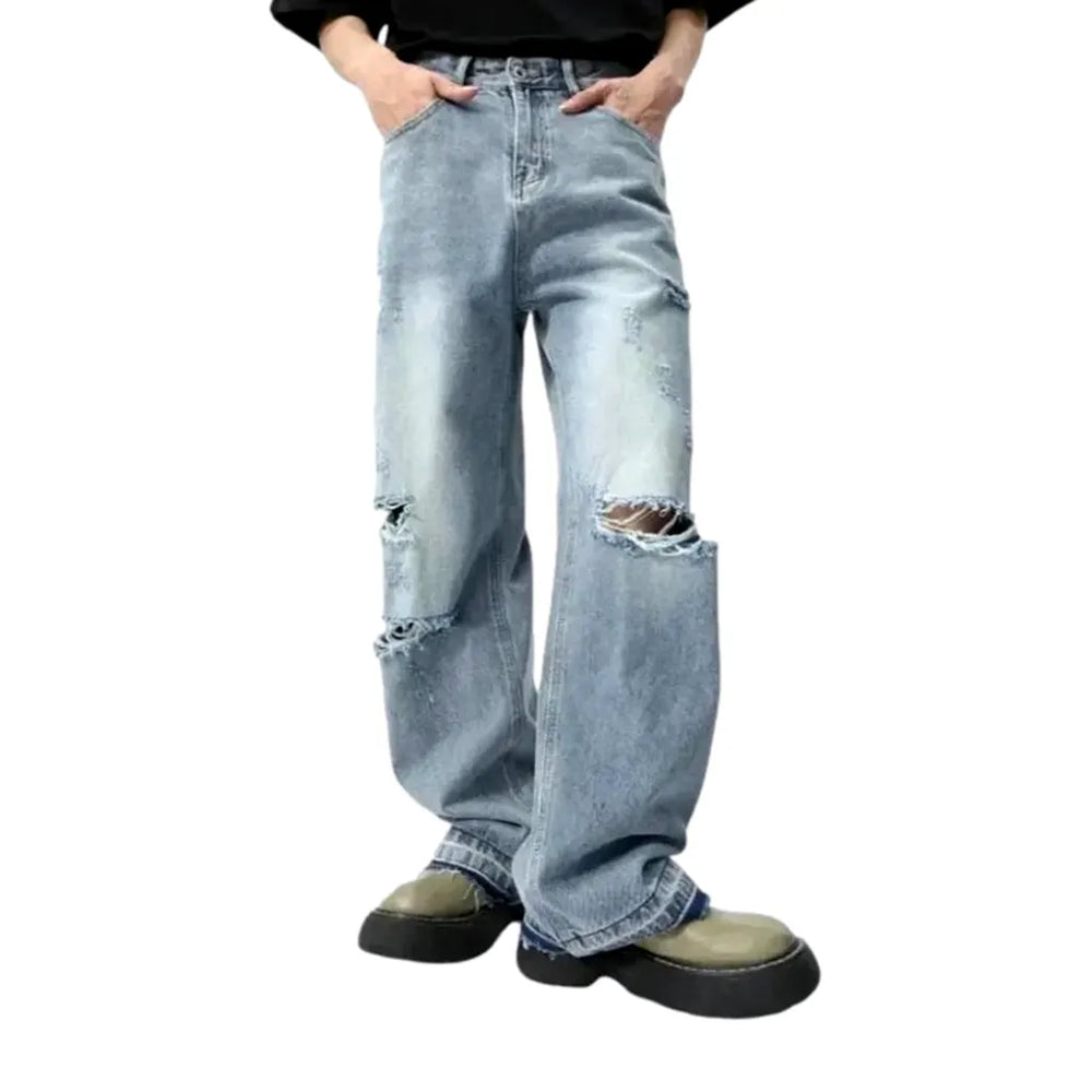 Distressed Vintage Style Men's Jeans - Light Blue