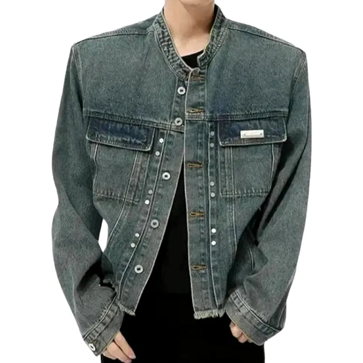 Retro Pattern Raw Hem Jeans Jacket for Men - Blue