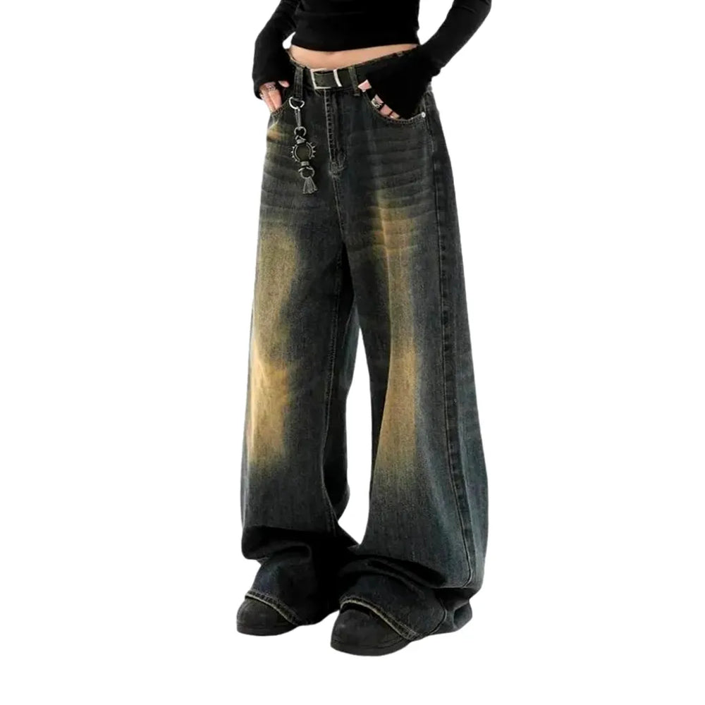 Vintage Dark Pattern Baggy Women's Jeans - Dark Blue