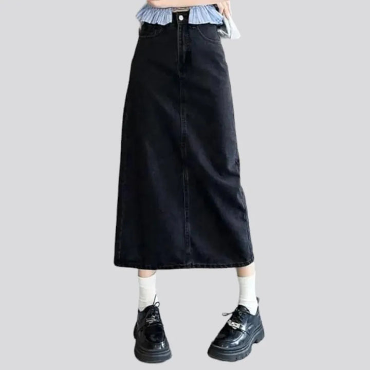 long, stonewashed, back-slit, high-waist, zipper-button, women's skirt | Jeans4you.shop