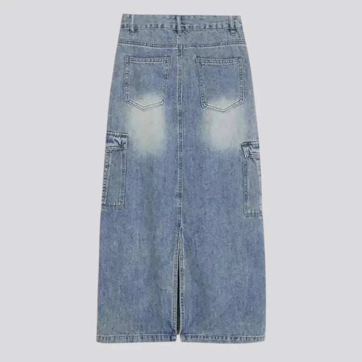 High-rise faded wash jean skirt