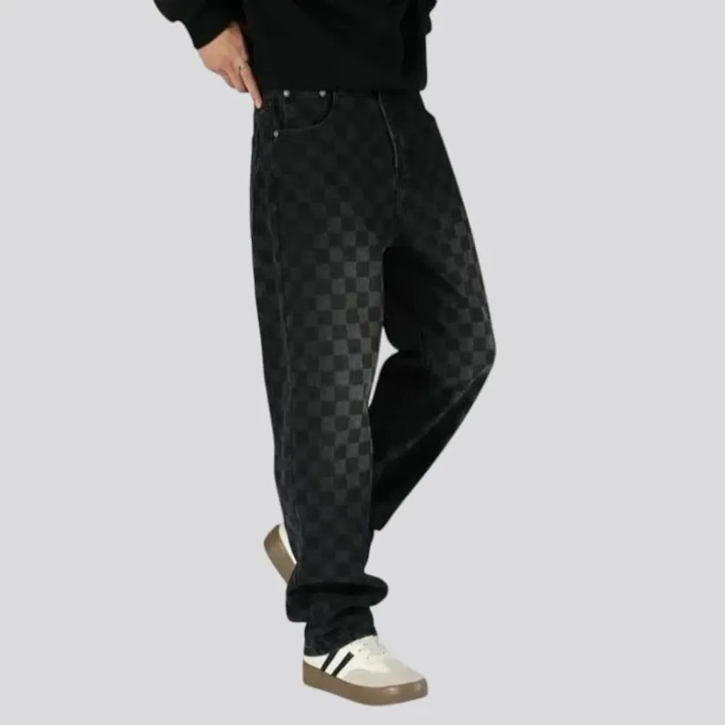 Boho fashion baggy checkerboard men's jeans