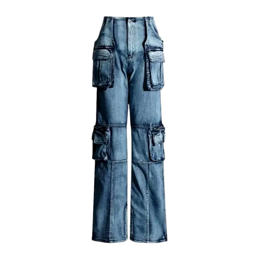 Spacious Cargo Pockets Grunge Women's Jeans - Light Blue