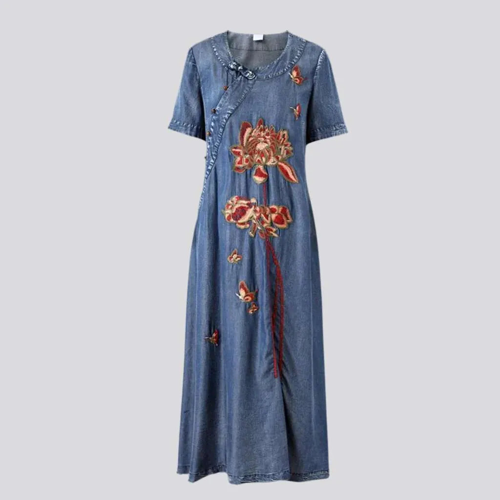 Short sleeves dark wash jean dress
 for women