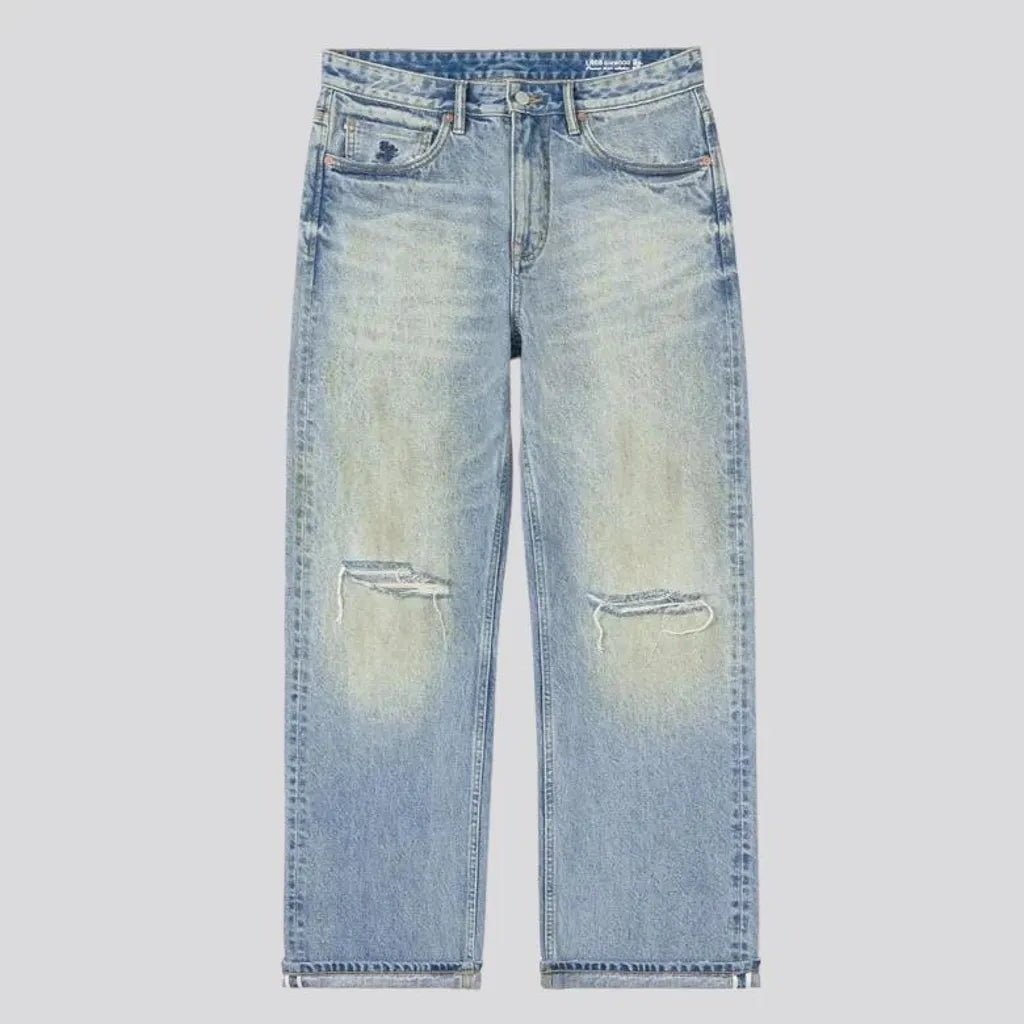 vintage, baggy, distressed, sanded, yellow-cast, sanded, 14.5oz, high-waist, 5-pockets, zipper-button, men's jeans | Jeans4you.shop
