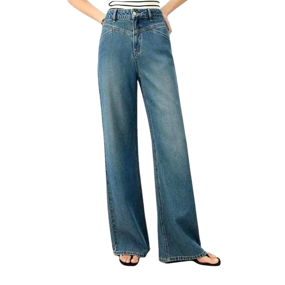 Abraded Style High Waist Women's Jeans - Blue