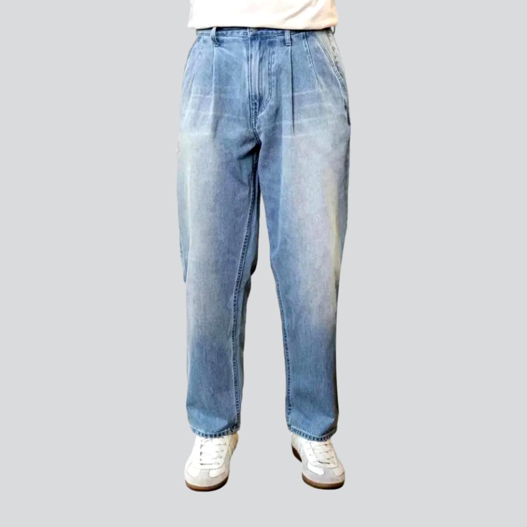 Whiskered Medium Wash Baggy Men's Jeans - Light Blue