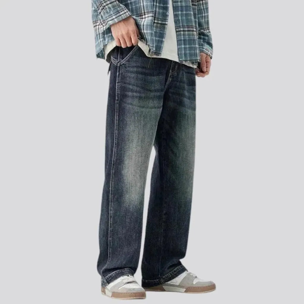 Abraded baggy leg men's jeans