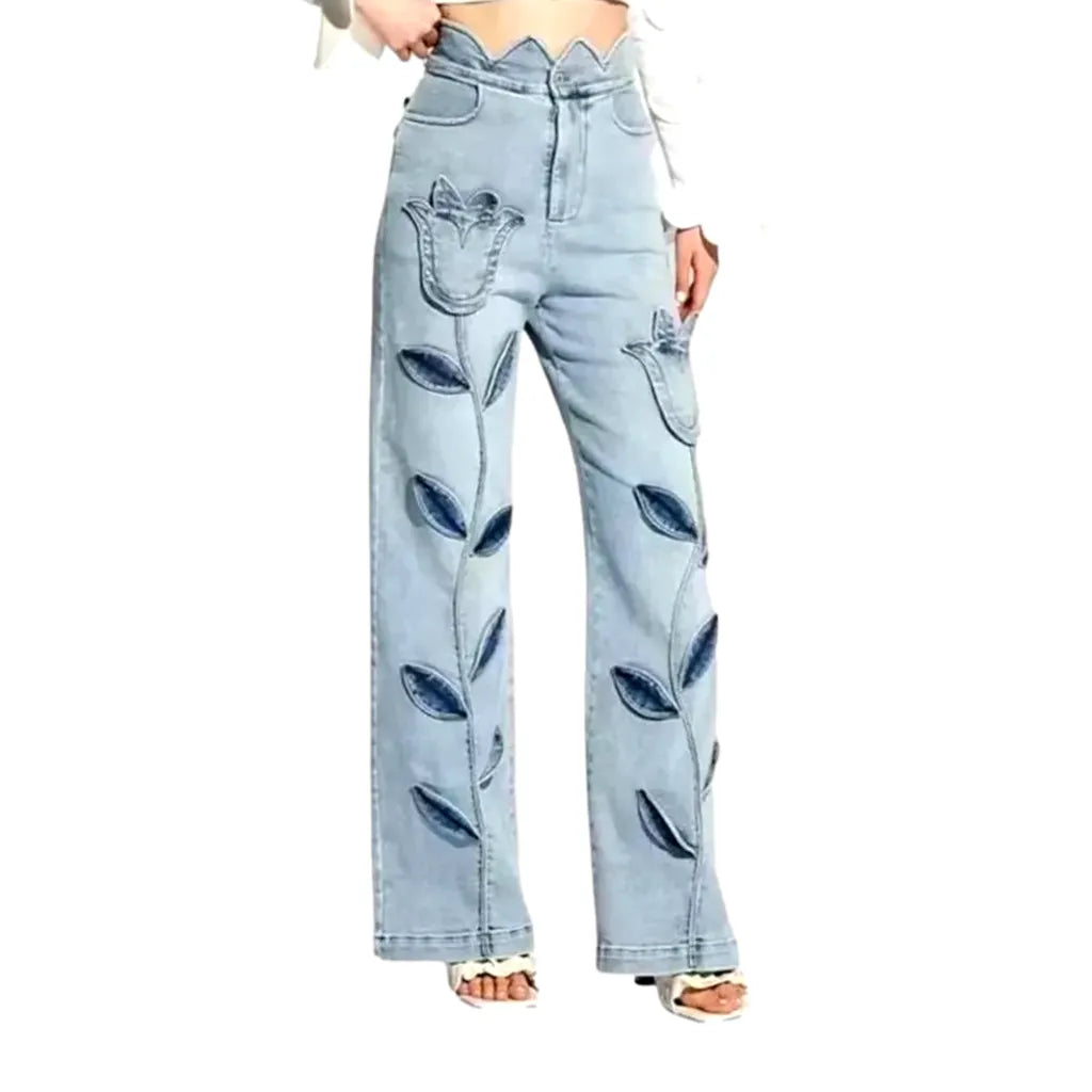 Fashionable Floral Patches Jeans for Ladies - Light Blue