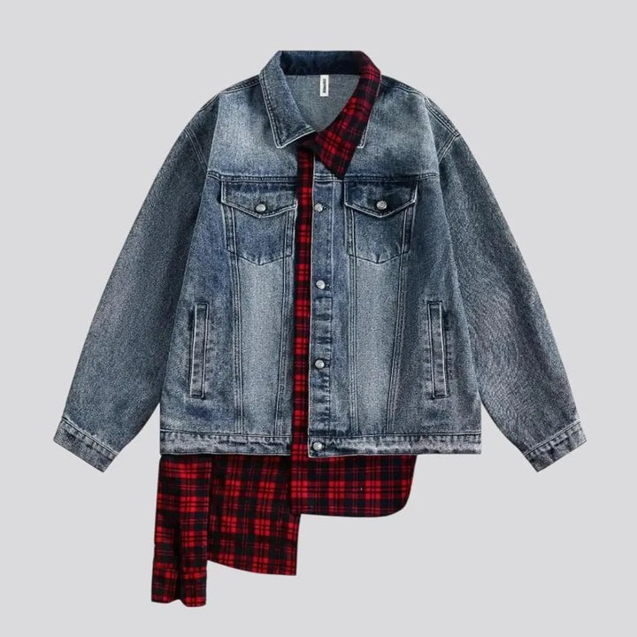 Faded mixed plaid boho jean jacket for men