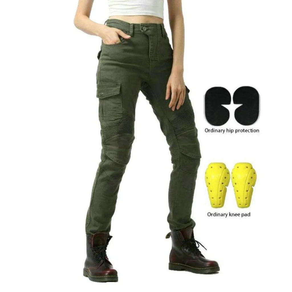 Army green women's biker jeans