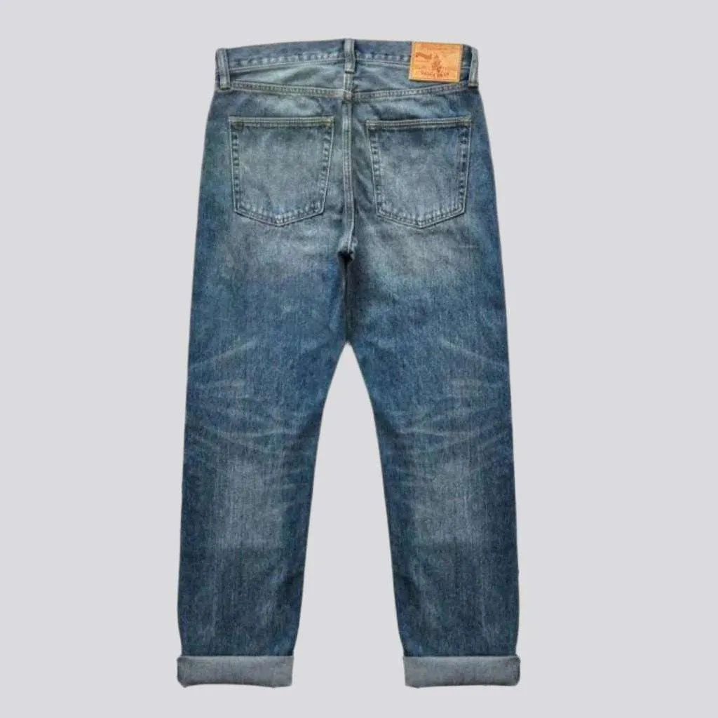 Sanded whiskered selvedge jeans
 for men