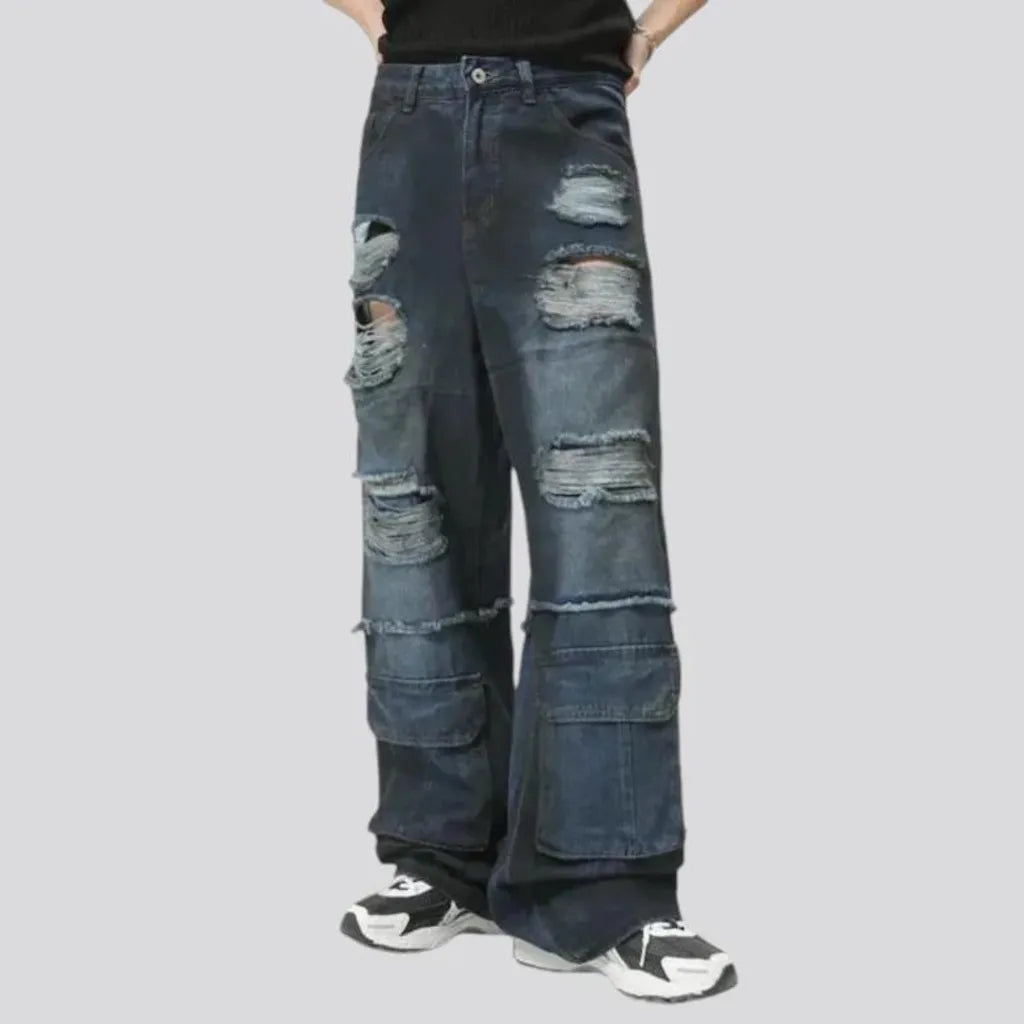 Distressed dark wash baggy jeans for men