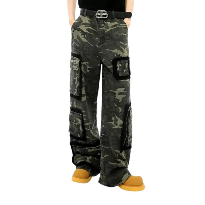 Camo Pattern Baggy Fit Men's Denim Pants - Khaki