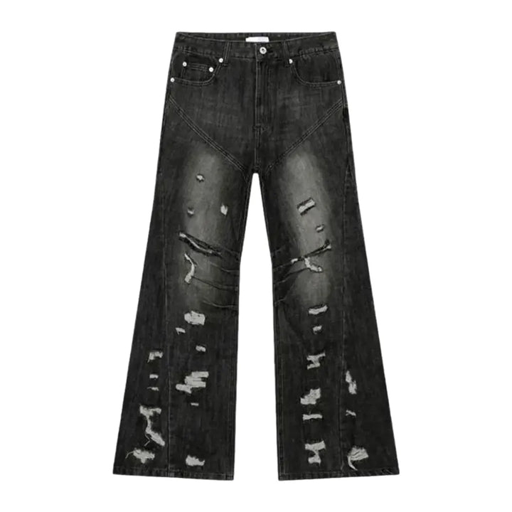 Boho Grunge Distressed Mid Rise Men's Jeans - Black