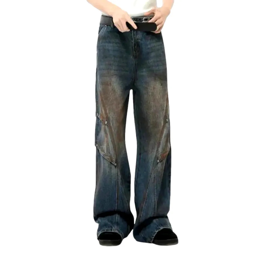 Retro Creased Boho Men's Jeans - Blue