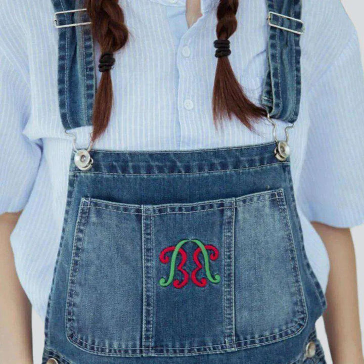 Chest embroidery women's denim dungaree