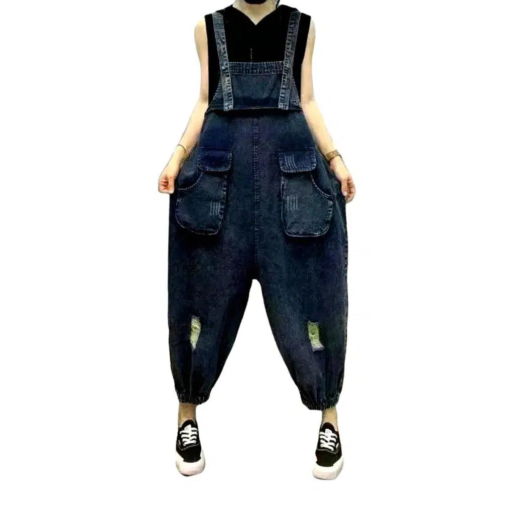 Baggy Ripped Jean Overall for Women - Dark Blue