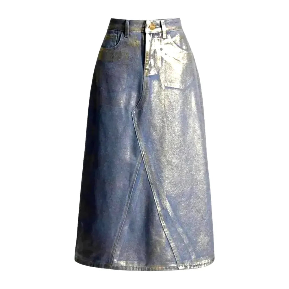 Maxi A-line Waxed Metallic Jean Skirt - Light Blue