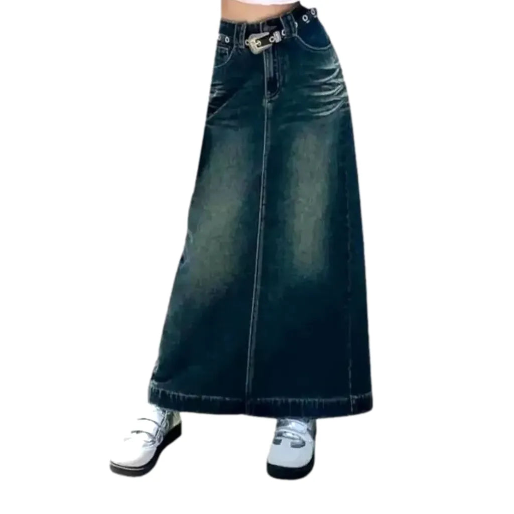 Maxi Creased Stylish Jean Skirt - Dark Blue