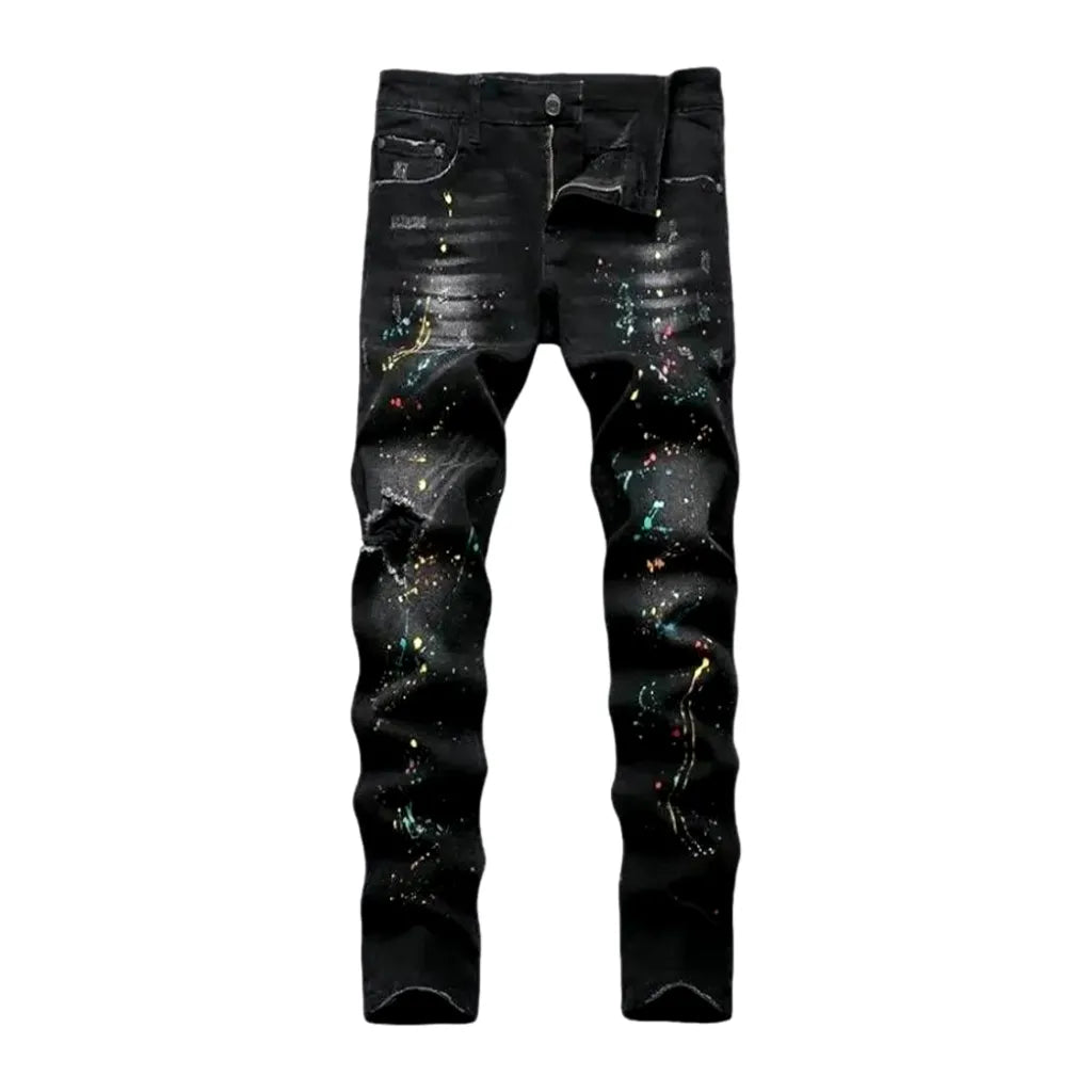 Whiskered Paint Splattered Boho Men's Jeans - Black