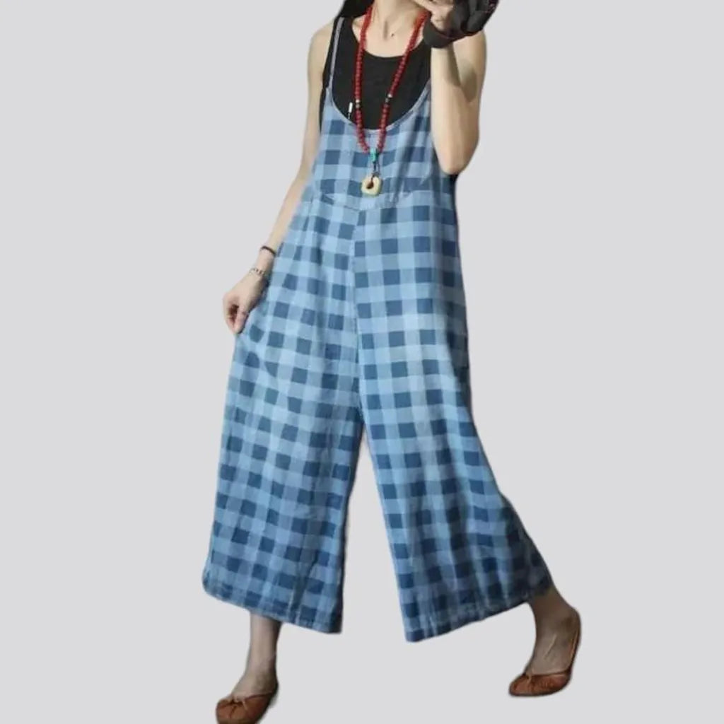 Wide-leg checkered jean jumpsuit